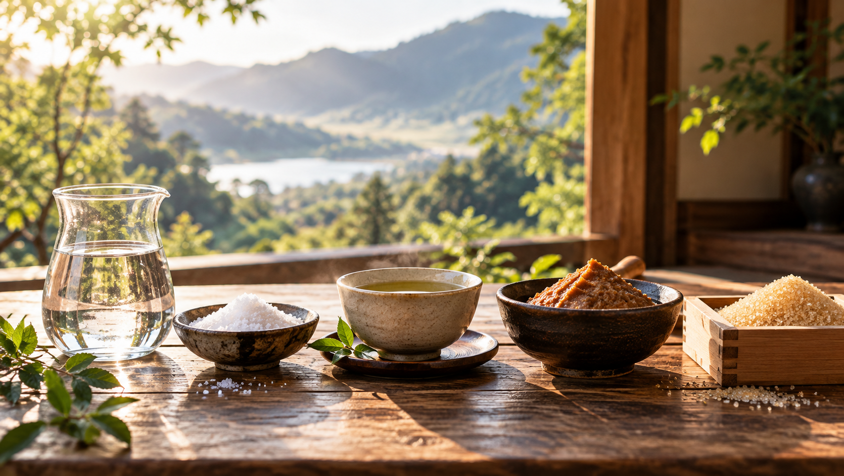 水・塩・お茶・味噌・砂糖が並ぶ食卓