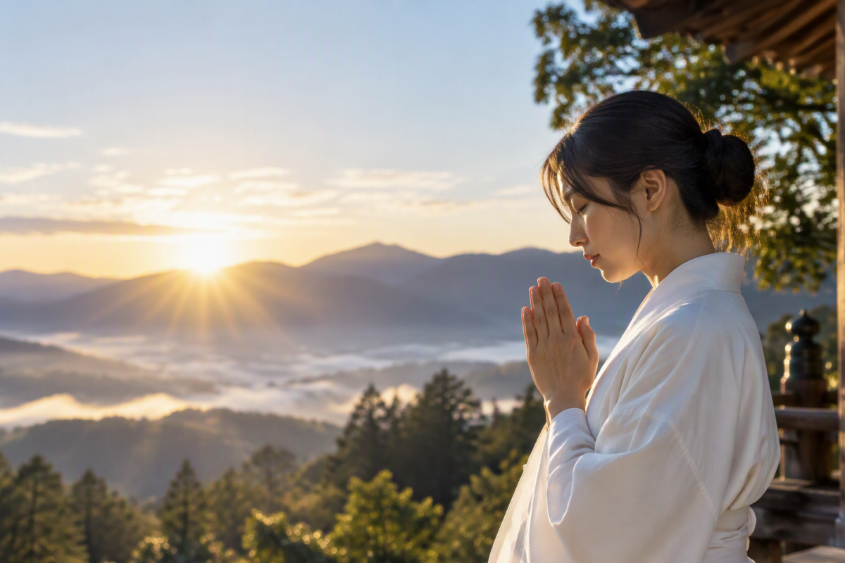 祈りの所作を行う参加者